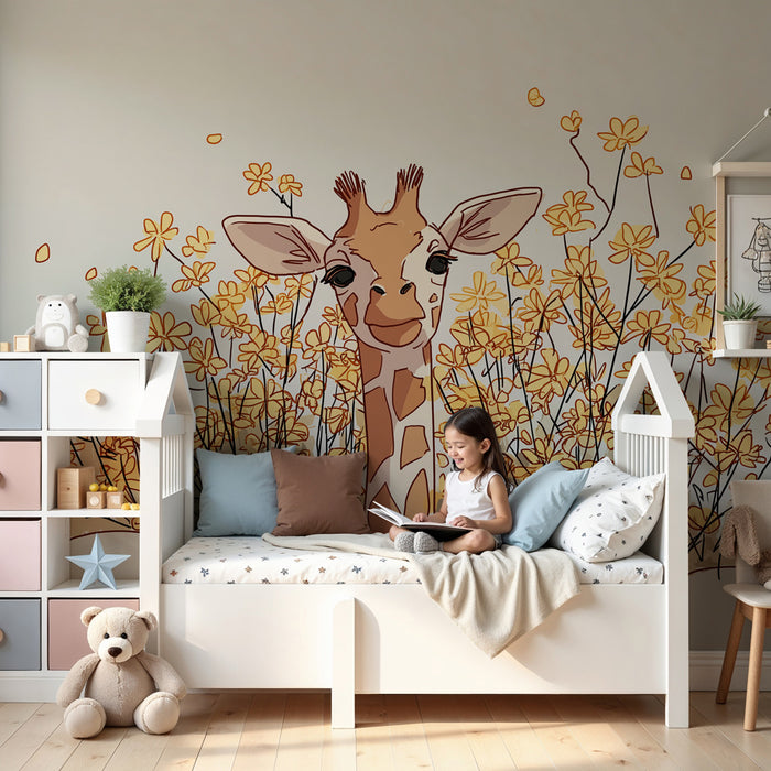 Kids room wallpaper | Happy giraffe in the middle of flowers
