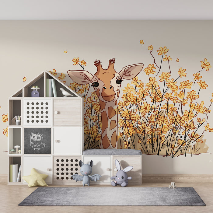 Kids room wallpaper | Happy giraffe in the middle of flowers