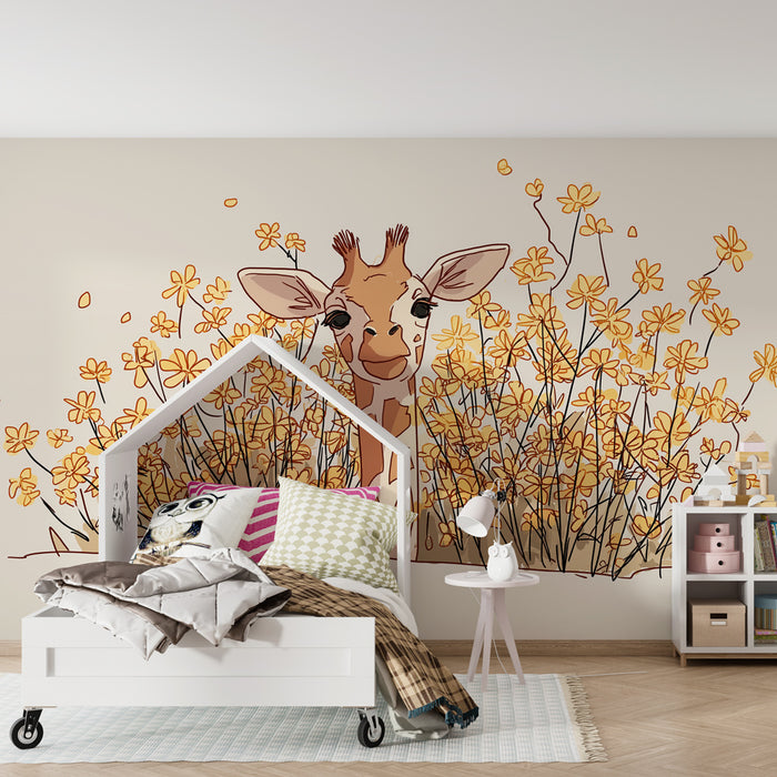 Kids room wallpaper | Happy giraffe in the middle of flowers