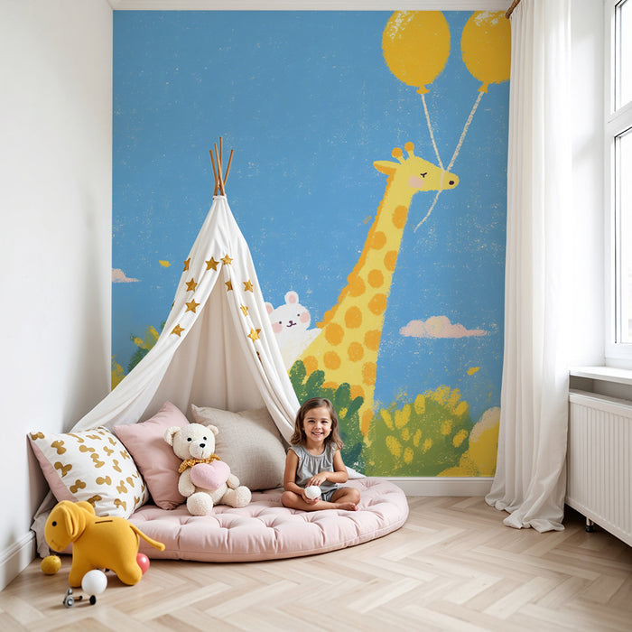 Barnetapet | Glad giraff med liten venn og gule ballonger