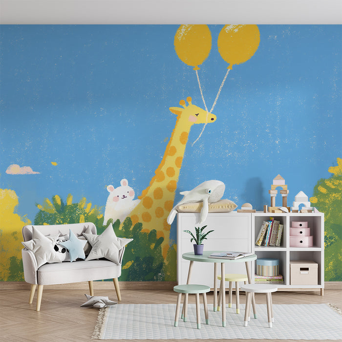 Barnetapet | Glad giraff med liten venn og gule ballonger