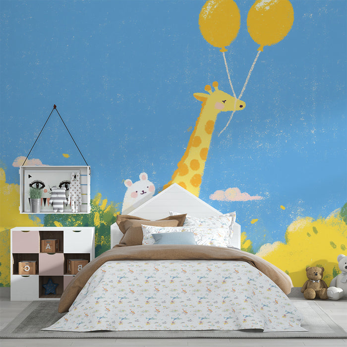 Barnetapet | Glad giraff med liten venn og gule ballonger
