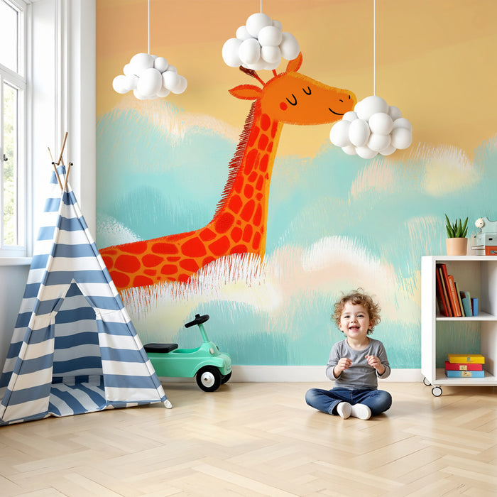 Papel de parede criança | Girafa feliz nas nuvens