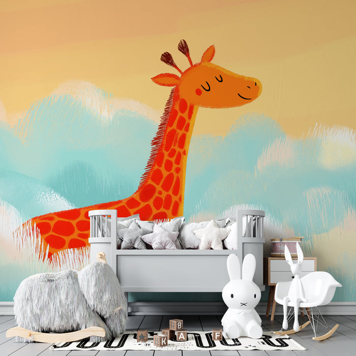 Papel de parede criança | Girafa feliz nas nuvens