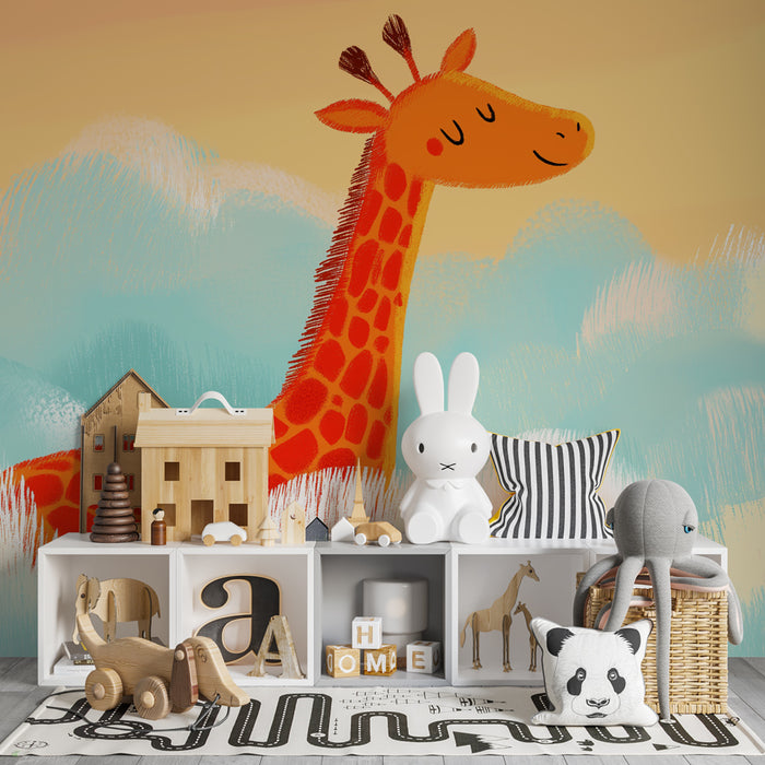 Papel de parede criança | Girafa feliz nas nuvens