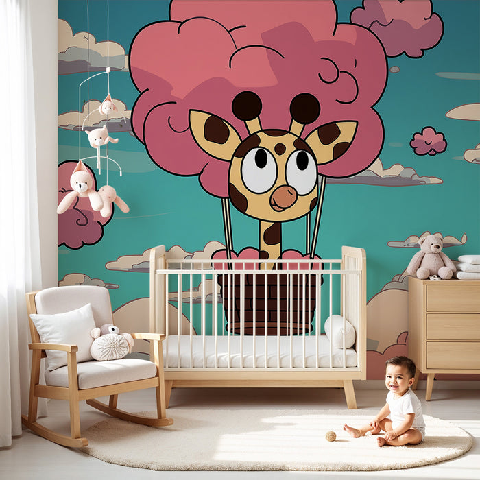 Tapet barnerom | Glad giraffe i en himmel av rosa skyer