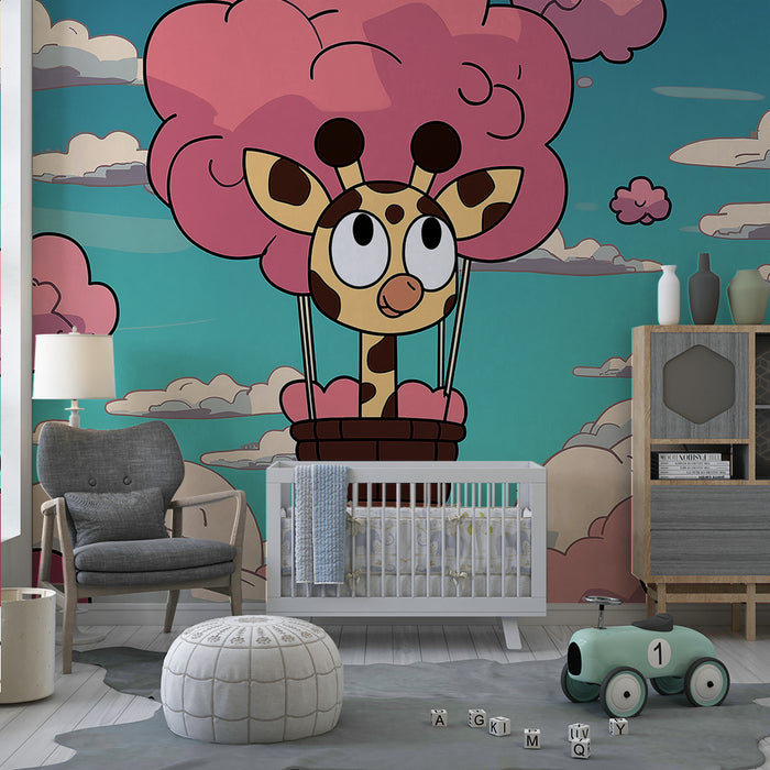 Tapet barnerom | Glad giraffe i en himmel av rosa skyer