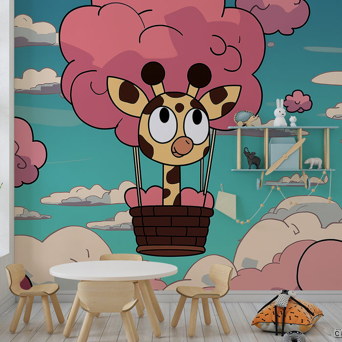 Tapet barnerom | Glad giraffe i en himmel av rosa skyer