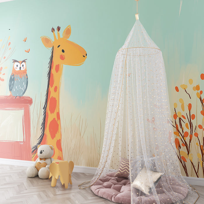Papel de parede criança | Girafa feliz e coruja curiosa