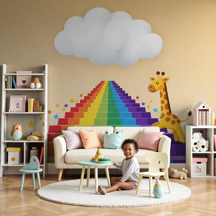 Tapet pentru camera copilului | Girafă zâmbitoare pe un curcubeu de stele colorate