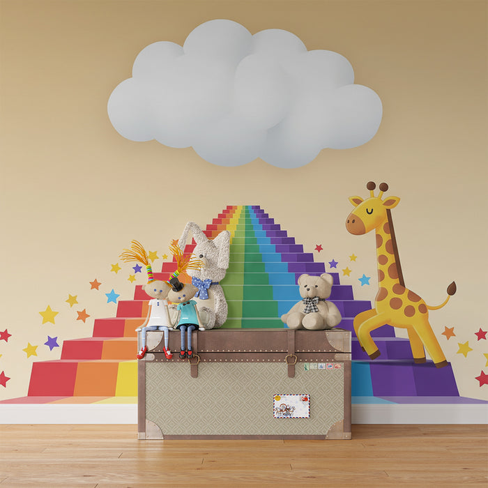 Tapet pentru camera copilului | Girafă zâmbitoare pe un curcubeu de stele colorate