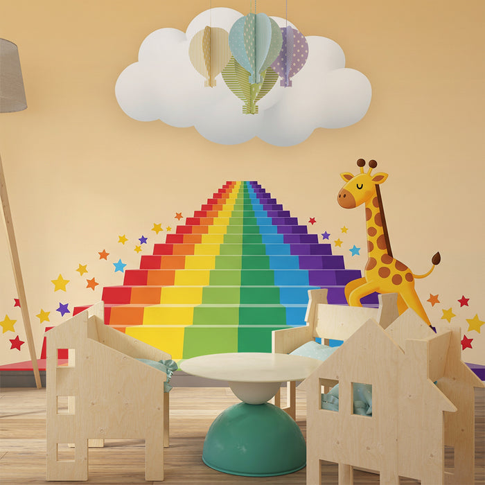Tapet pentru camera copilului | Girafă zâmbitoare pe un curcubeu de stele colorate
