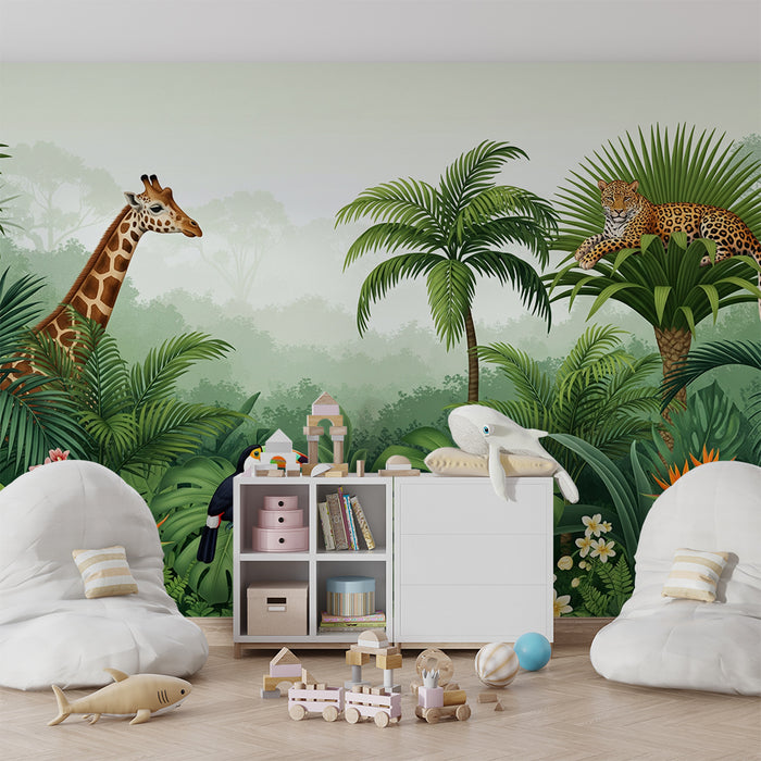 Papel de parede criança | Girafa, leopardo e tucano numa selva luxuriante