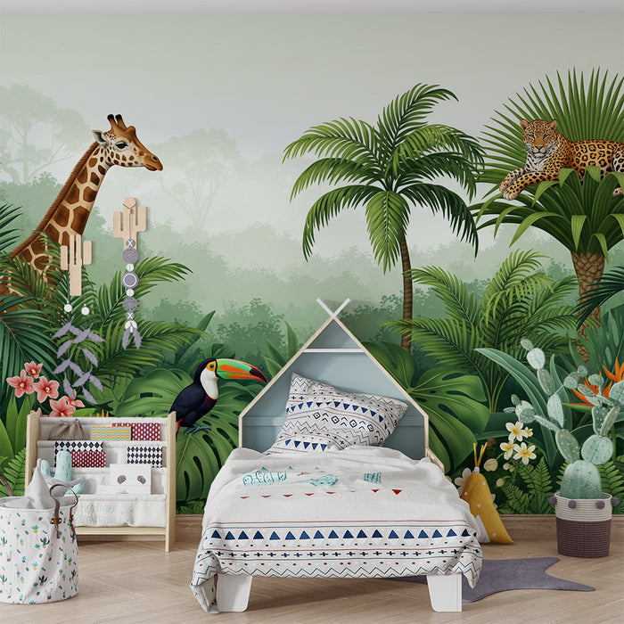 Papel de parede criança | Girafa, leopardo e tucano numa selva luxuriante