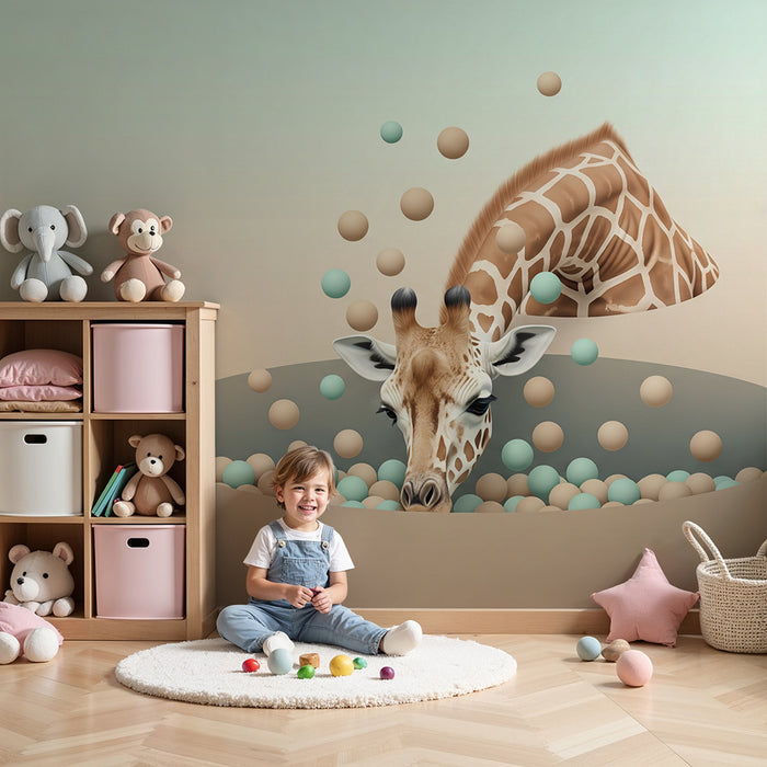Papel de parede criança | Girafa lúdica emergindo de um mundo de bolhas coloridas