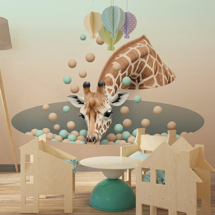 Papel de parede criança | Girafa lúdica emergindo de um mundo de bolhas coloridas