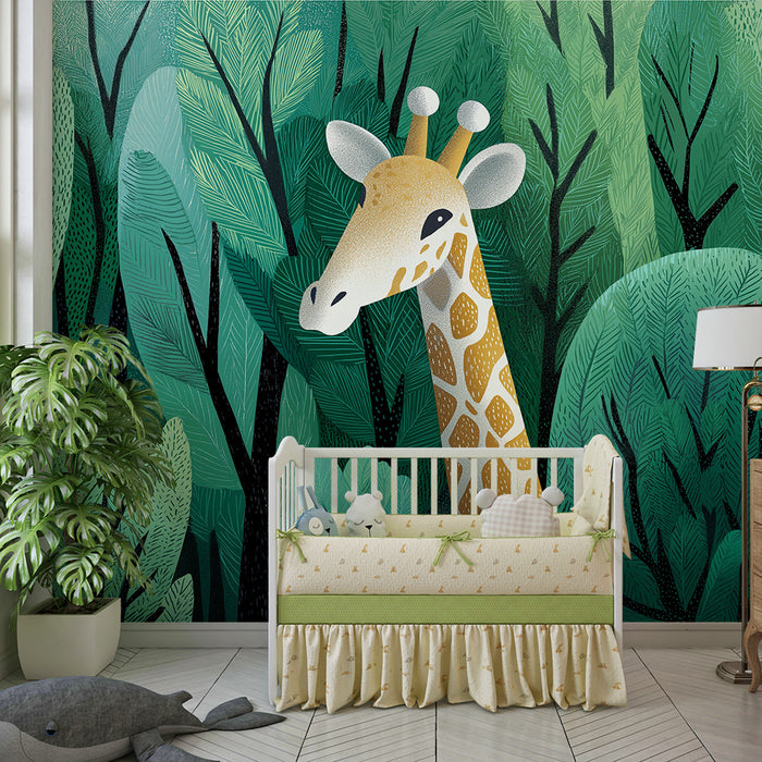Papier peint chambre enfant | Girafe majestueuse au coeur d'une jungle verdoyante