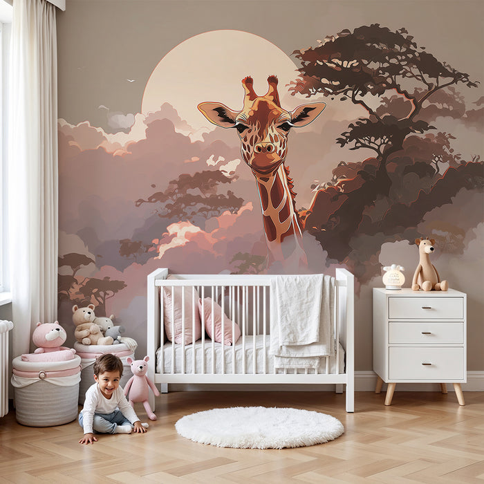 Kinderkamer behang | Majestueuze giraf in een savannelandschap bij zonsondergang