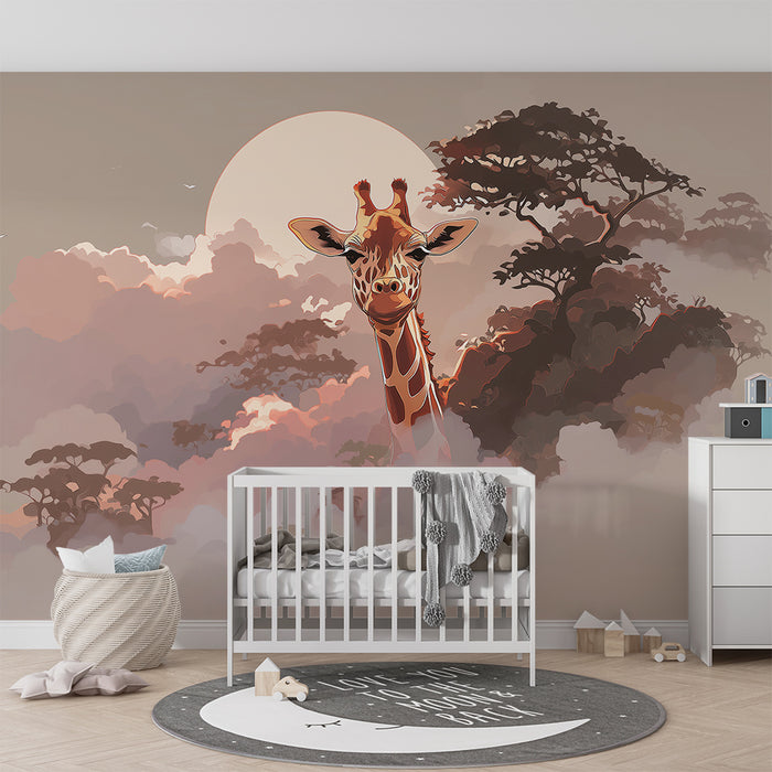 Kinderkamer behang | Majestueuze giraf in een savannelandschap bij zonsondergang
