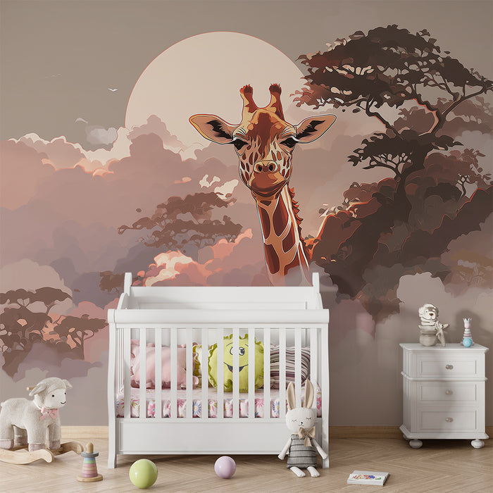 Kinderkamer behang | Majestueuze giraf in een savannelandschap bij zonsondergang