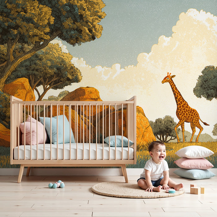 Papier peint chambre enfant | Girafe majestueuse dans un paysage sauvage