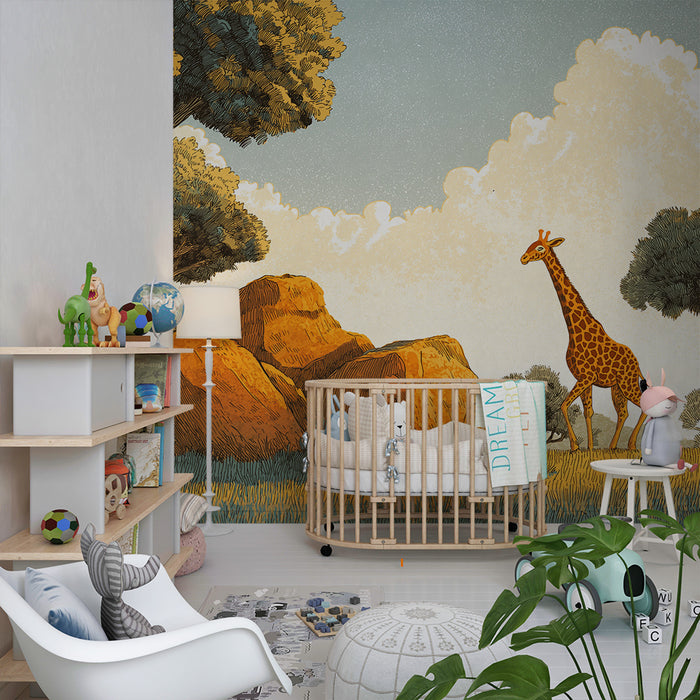 Papier peint chambre enfant | Girafe majestueuse dans un paysage sauvage