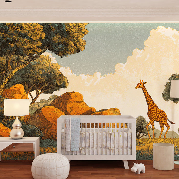 Papier peint chambre enfant | Girafe majestueuse dans un paysage sauvage