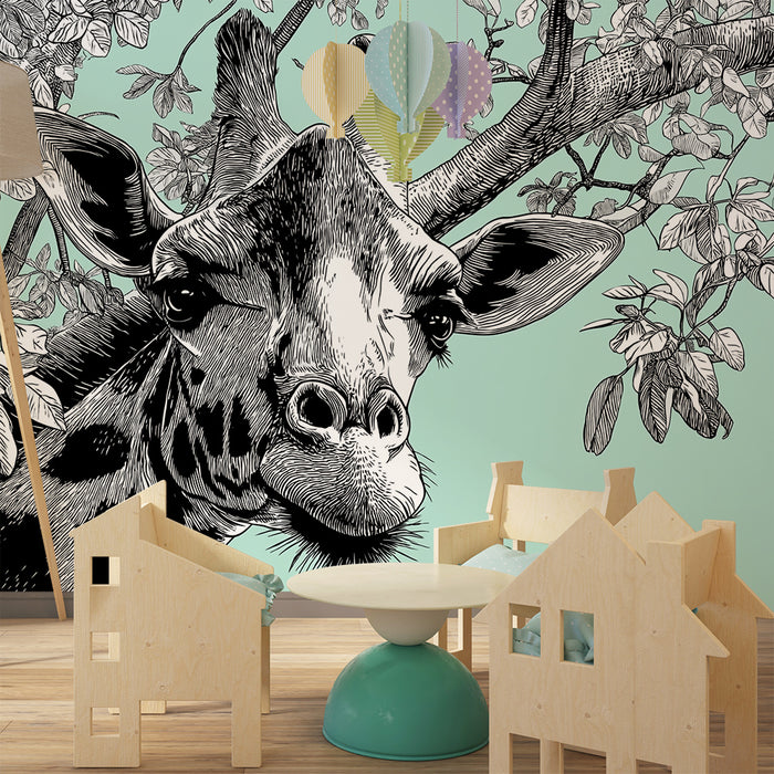 Barntapet | Majestätisk giraff omgiven av lövverk på mintgrön bakgrund