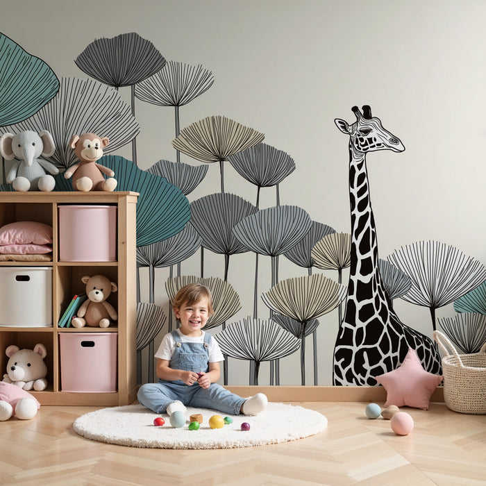 Χαρτί τοίχου παιδικού δωματίου | Μajestic giraffe και στιλιζαρισμένα λουλούδια