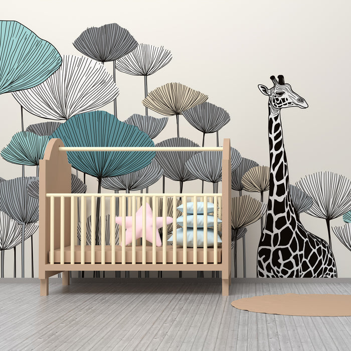 Χαρτί τοίχου παιδικού δωματίου | Μajestic giraffe και στιλιζαρισμένα λουλούδια