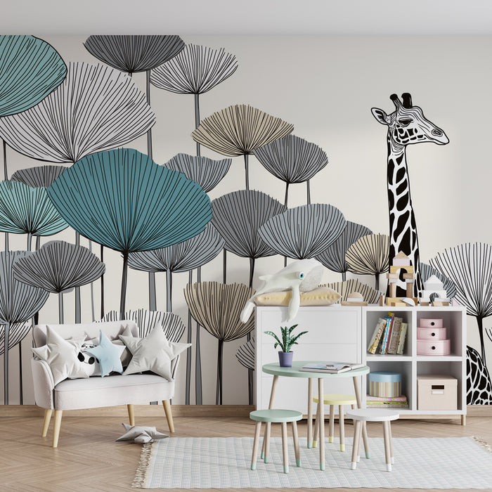 Χαρτί τοίχου παιδικού δωματίου | Μajestic giraffe και στιλιζαρισμένα λουλούδια