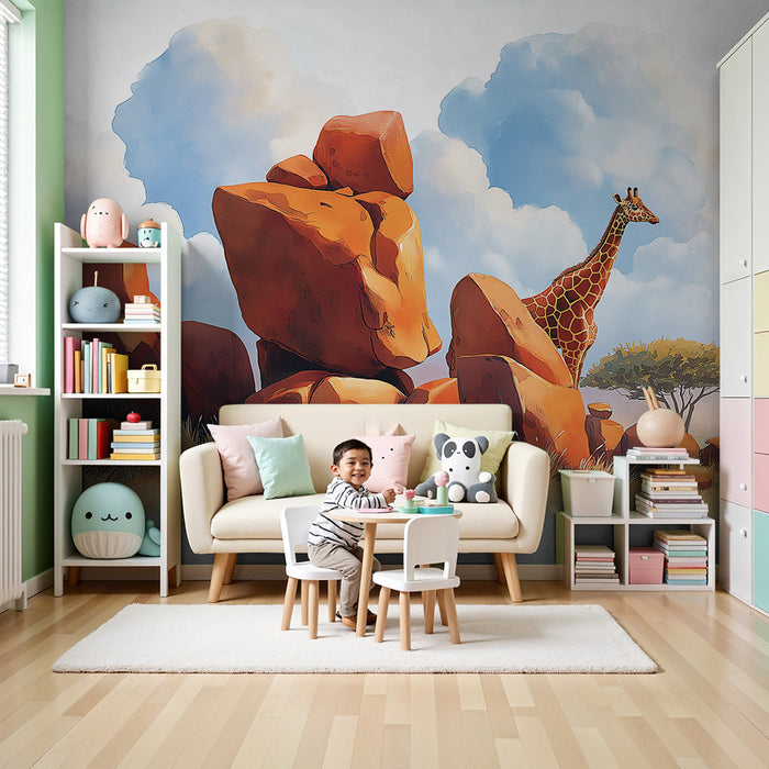 Kinderkamer behang | Majestueuze giraf tussen de rotsen en de savanne