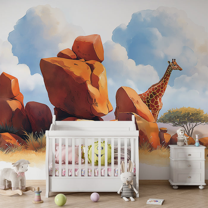 Kinderkamer behang | Majestueuze giraf tussen de rotsen en de savanne