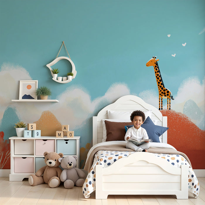 Kinderzimmer Tapete | Majestätische Giraffe in einer bunten Landschaft