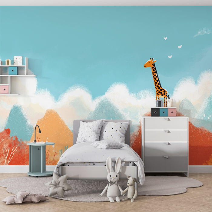 Kinderzimmer Tapete | Majestätische Giraffe in einer bunten Landschaft