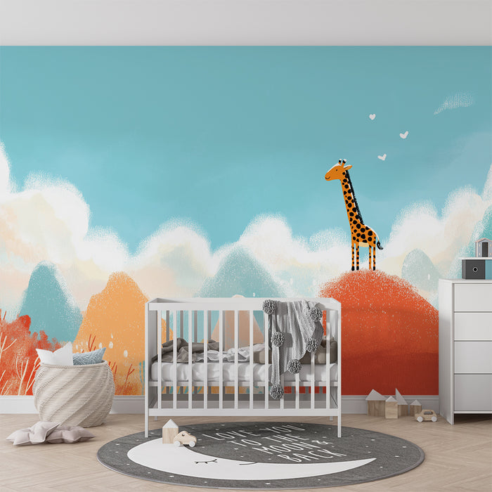 Kinderzimmer Tapete | Majestätische Giraffe in einer bunten Landschaft
