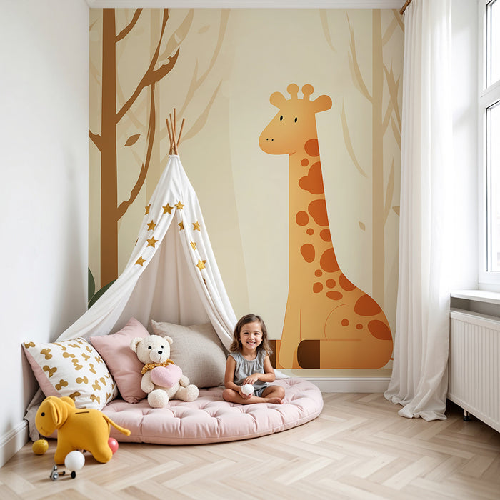 Kinderzimmer Tapete | Niedliche Giraffe inmitten eines sanften Waldes