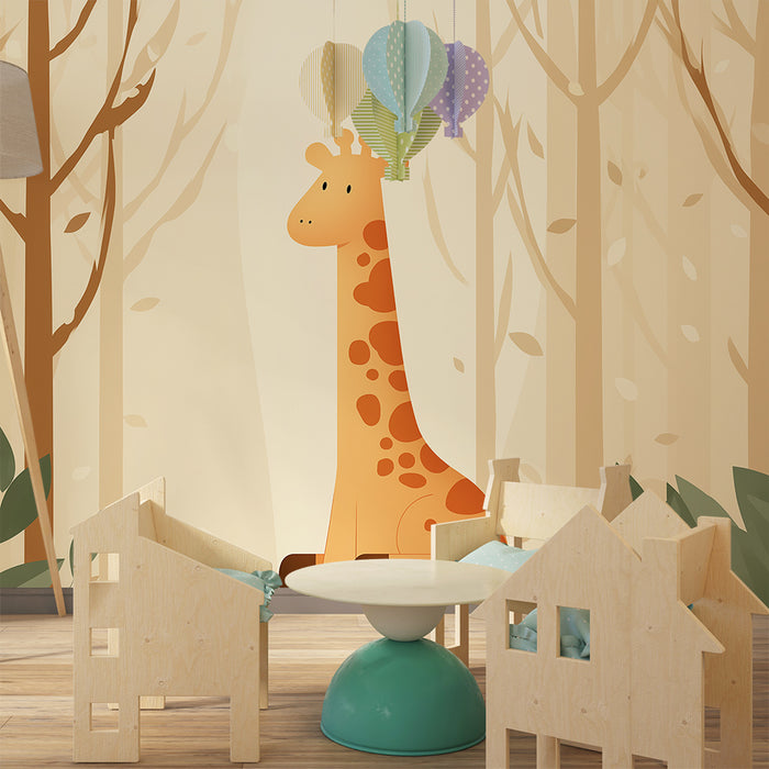 Kinderzimmer Tapete | Niedliche Giraffe inmitten eines sanften Waldes