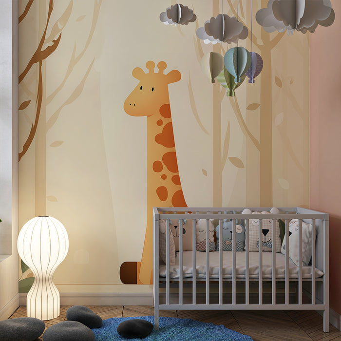 Kinderzimmer Tapete | Niedliche Giraffe inmitten eines sanften Waldes