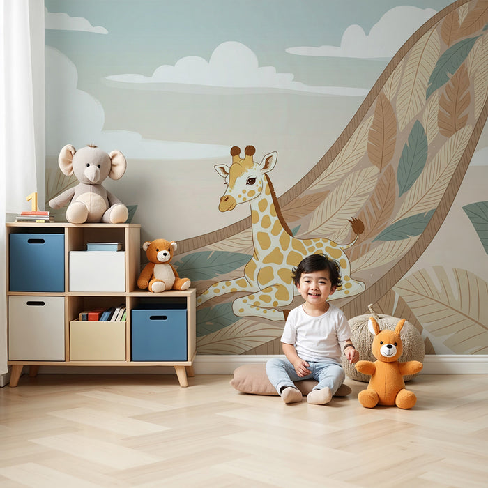 Kids room wallpaper | Cute giraffe on a tropical leaf background