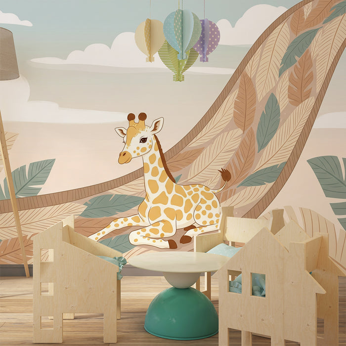 Kids room wallpaper | Cute giraffe on a tropical leaf background