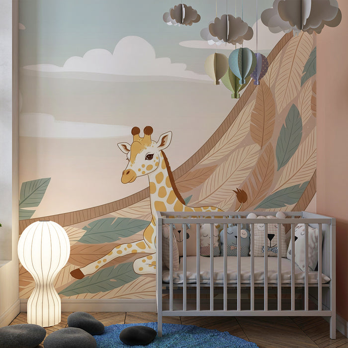 Kids room wallpaper | Cute giraffe on a tropical leaf background