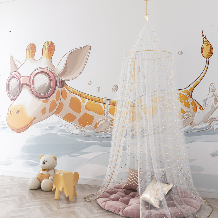 Papel de parede criança | Girafa nadadora com óculos em um mar salpicado