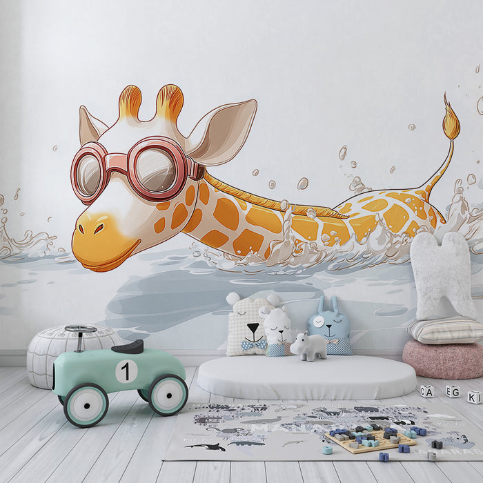 Papel de parede criança | Girafa nadadora com óculos em um mar salpicado