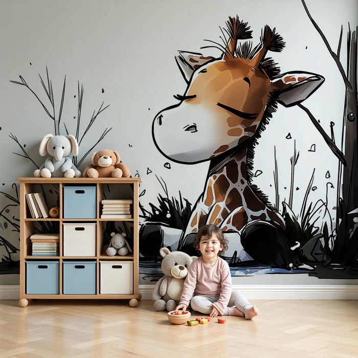 Kinderkamer behang | Rustige giraffe in het midden van de natuur