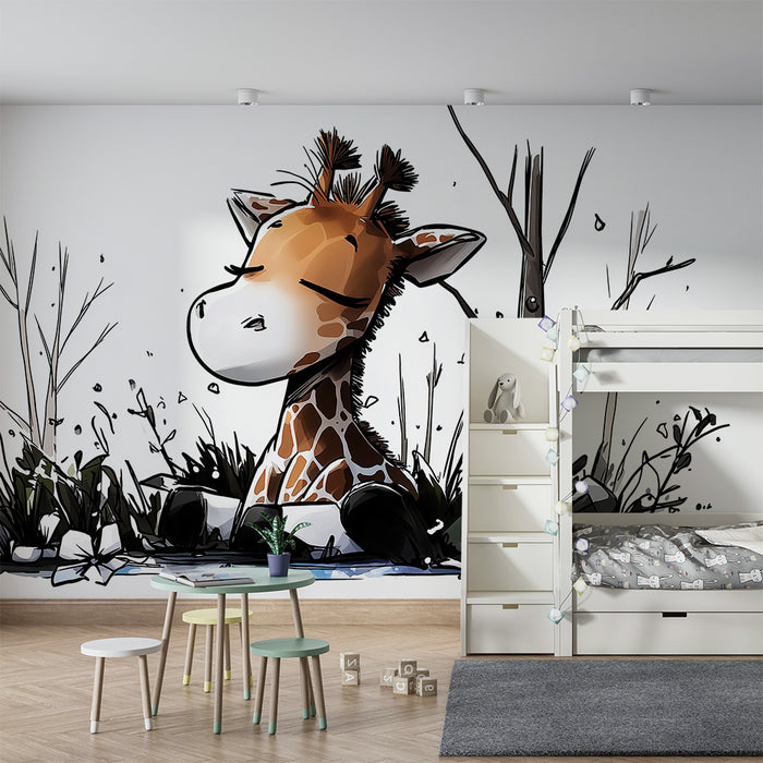 Kinderkamer behang | Rustige giraffe in het midden van de natuur