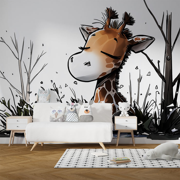 Kinderkamer behang | Rustige giraffe in het midden van de natuur