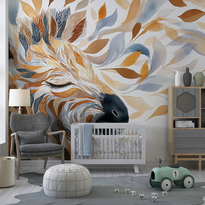 Papier peint chambre enfant | Girafe paisible entourée de feuilles