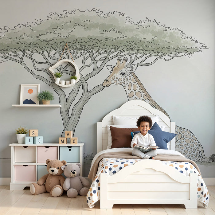 Kinderzimmer Tapete | Friedliche Giraffe unter einem Baum in einer beruhigenden Umgebung