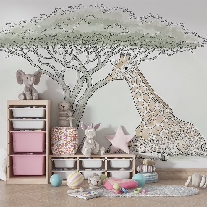 Kinderzimmer Tapete | Friedliche Giraffe unter einem Baum in einer beruhigenden Umgebung